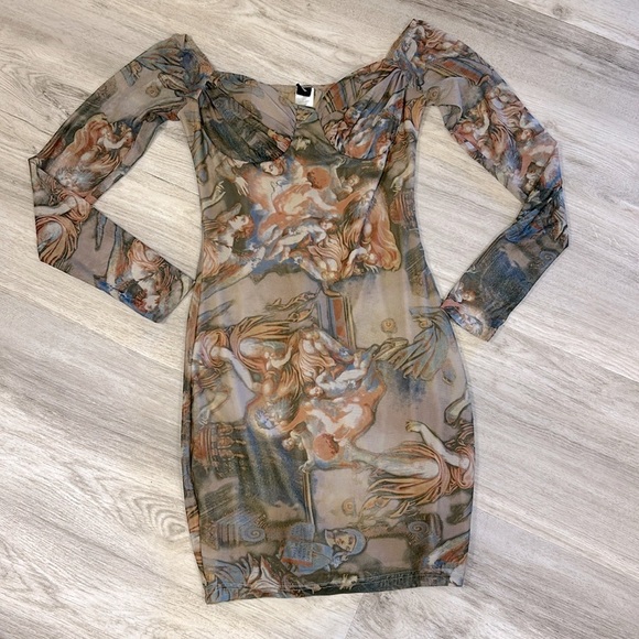 Windsor Romantic Renaissance All Over Mural Print Off The Shoulder Bodycon Dress - Picture 1 of 11